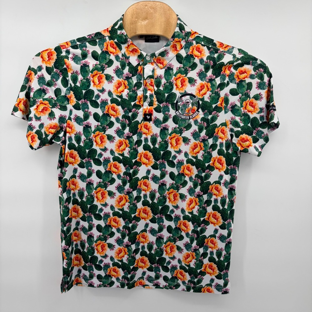 Bad Birdie Mens Medium Cactus Floral Bullfighter Classic Golf‎ Polo Shirt White